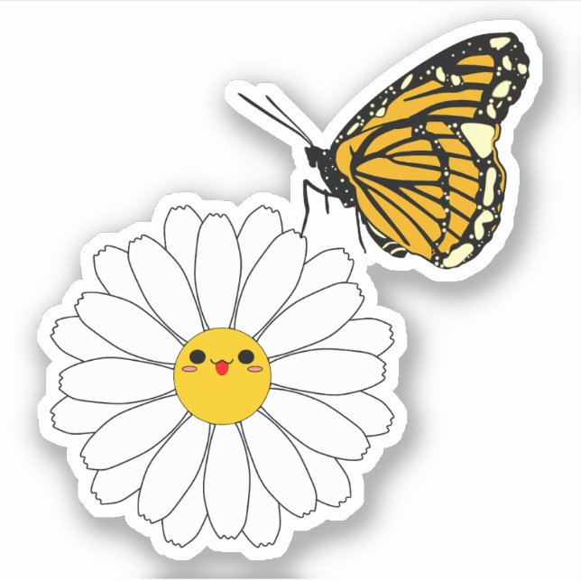 Kawaii Daisy mit Butterfly Vinyl Sticker (Vorderseite)