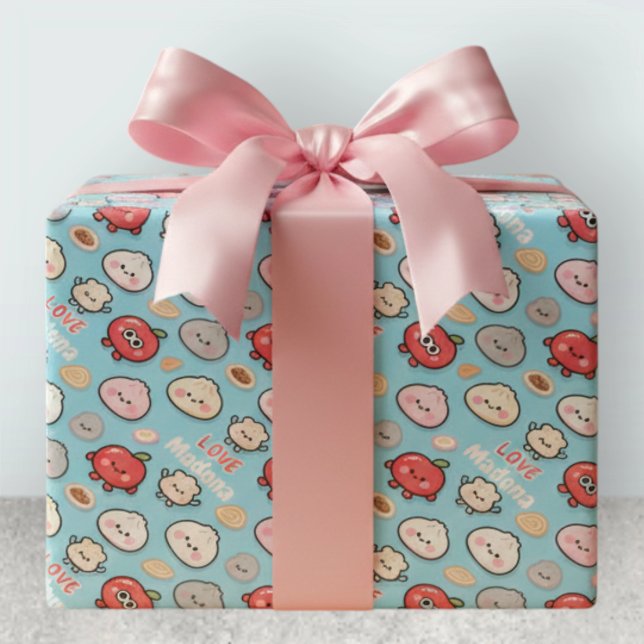 Kawaii-Dampfkloß-Apfel-Essensmusterrahmen Geschenkpapier (Von Creator hochgeladen)