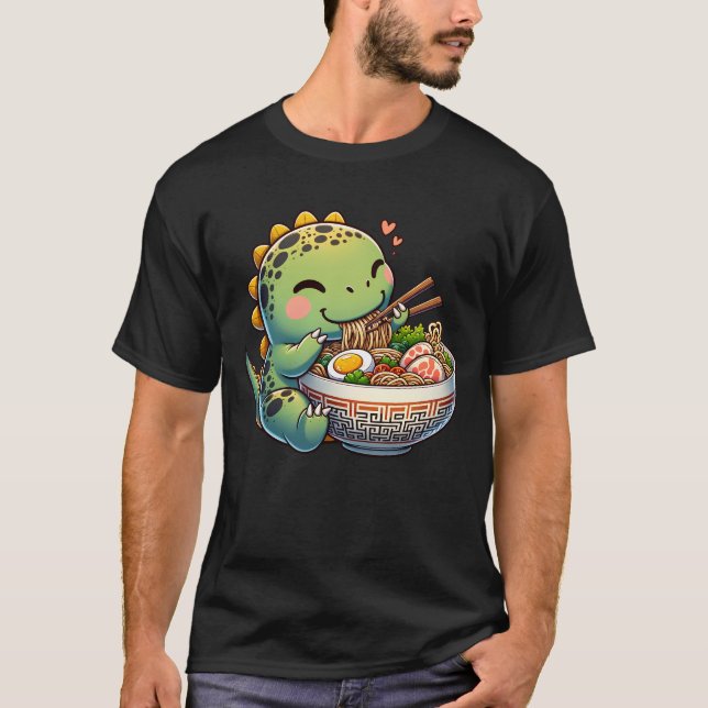 Kawaii Dinosaur Eating Ramen Noodle Anime T-Shirt (Vorderseite)
