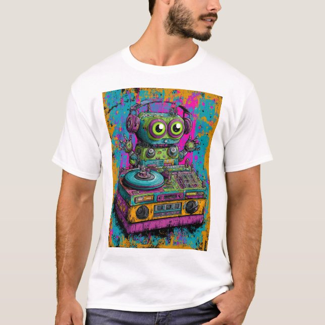 Kawaii DJ Robot — Neon Splatter Turntable Art T-Shirt (Vorderseite)