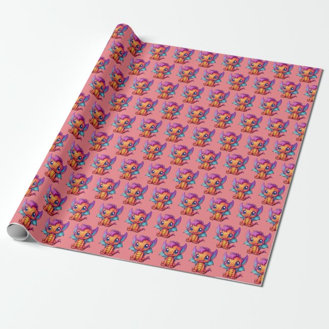 Kawaii Dragon Children's Birthday Wrapping Paper Geschenkpapier (Ungerollt)