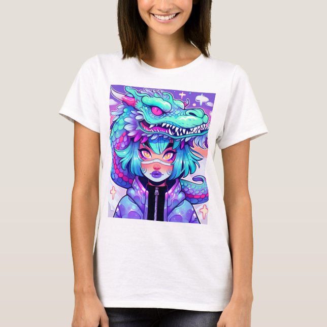 Kawaii Dragon Headdress Girl in Vaporwave Skies T-Shirt (Vorderseite)