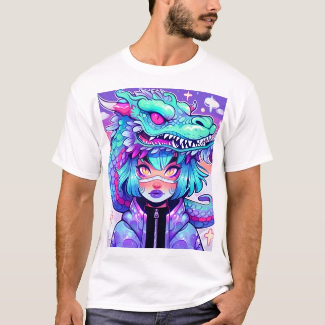 Kawaii Dragon Headdress Girl in Vaporwave Skies T-Shirt (Vorderseite)