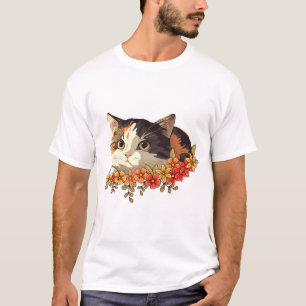 Kawaii Dreifarbenkatze Blumige Spähende Kunst T-Shirt