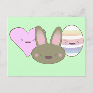KAWAII EASTER TRIO BUNNY CHOCOLATE EGG HERZ GLÜCKL FEIERTAGSPOSTKARTE