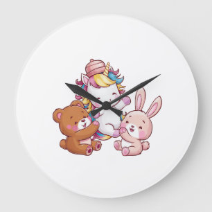 Kawaii-Einhorn mit Hase und Teddybär Langarmshirt Große Wanduhr