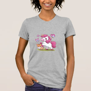Kawaii Einhorn mit Katze und Schmetterlingen Langa T-Shirt