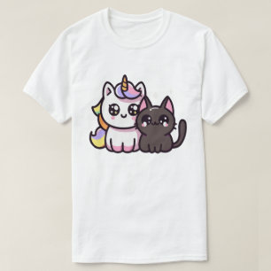 Kawaii Einhorn und schwarze Katze Süße Fantasy-Kun T-Shirt