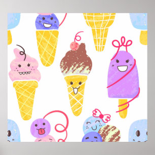Kawaii Eis, niedlich, nahtlos. Poster