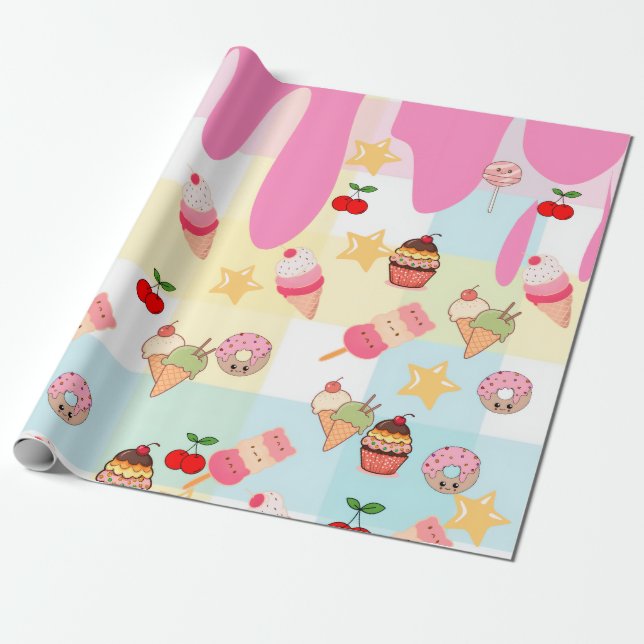 Kawaii-Eiscreme- & Tropfwrappingpapier | Geschenkpapier (Ungerollt)