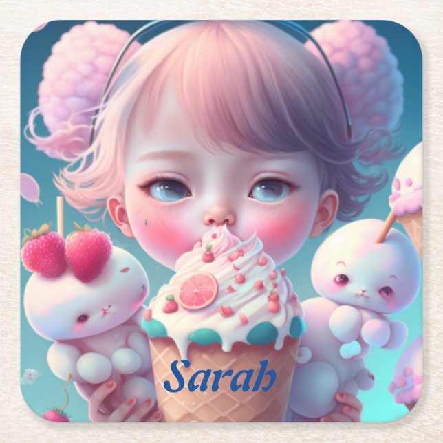 Kawaii-Eismädchen Rechteckiger Pappuntersetzer (Vorderseite)