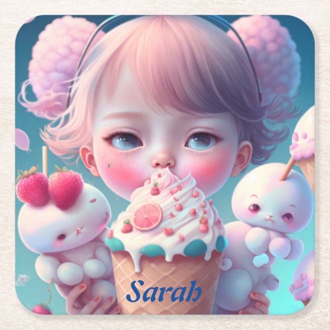 Kawaii-Eismädchen Rechteckiger Pappuntersetzer (Vorderseite)