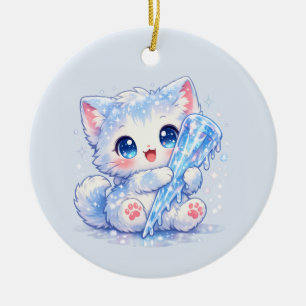 Kawaii Eiszapfen-Kätzchen – Süße Winterkatze Keramik Ornament
