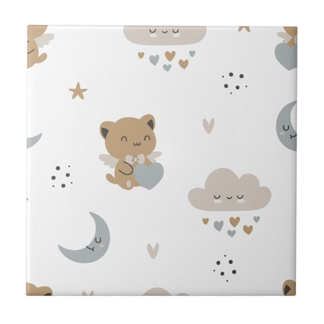 Kawaii Engelkatzen & Wolken (1) Fliese (Vorderseite)