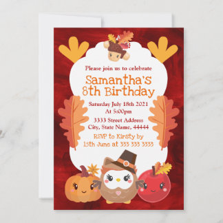 Kawaii Erntedank Owl Pumpkin Apple Geburtstag Einladung