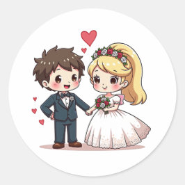 Kawaii Fairy Tale Wedding - Chibi Couple Runder Aufkleber