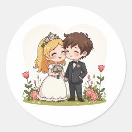 Kawaii Fairy Tale Wedding - Chibi Couple Runder Aufkleber