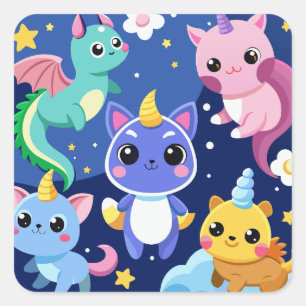 Kawaii Fantasy-Kreaturen Quadratischer Aufkleber