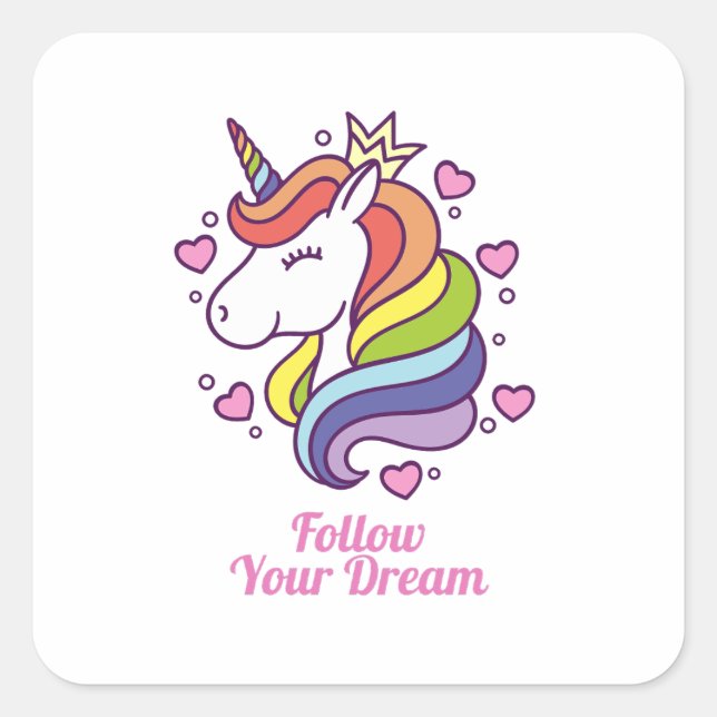 Kawaii Farbenfrohe Regenbogen Einhorn Quadratischer Aufkleber (Vorderseite)