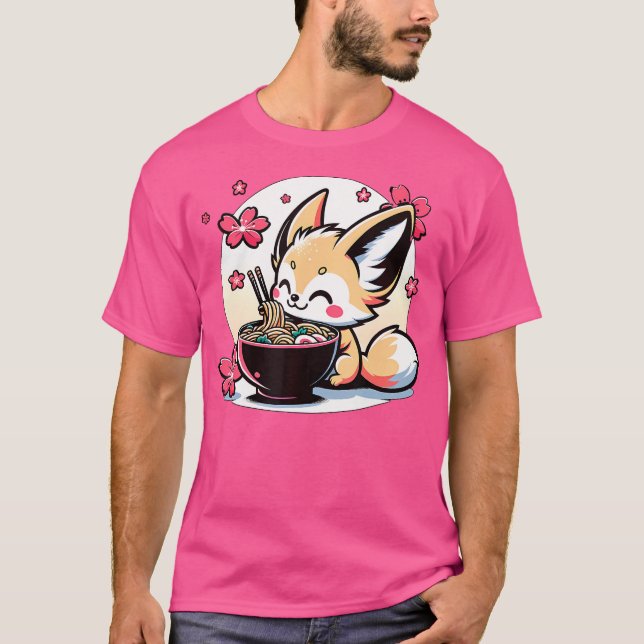 Kawaii Fennec Fox Eating Ramen T-Shirt (Vorderseite)