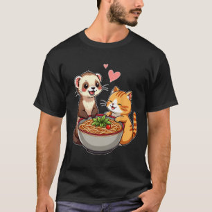 Kawaii Ferret und Katzen essen Ramen Niedlich Japa T-Shirt