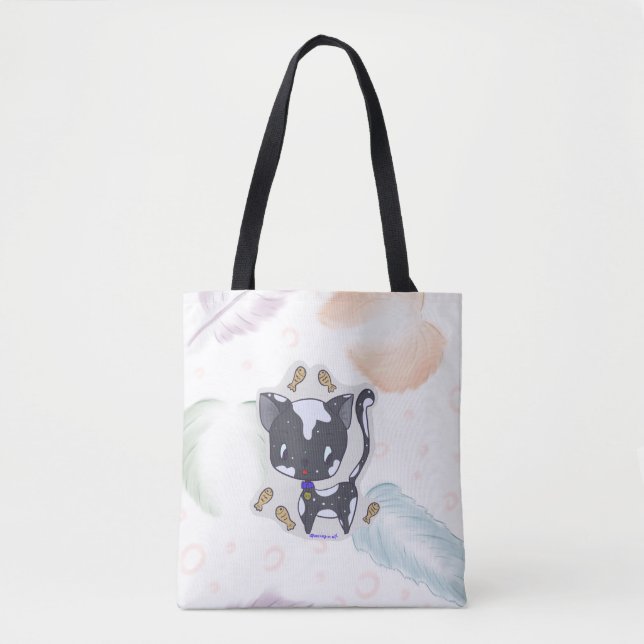 Kawaii Fisch Katze mit Feathers Tote Tag (Vorderseite)