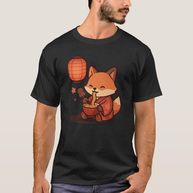Kawaii Fox Eating Ramen - Niedliche Japanisch Latt T-Shirt (Vorderseite)