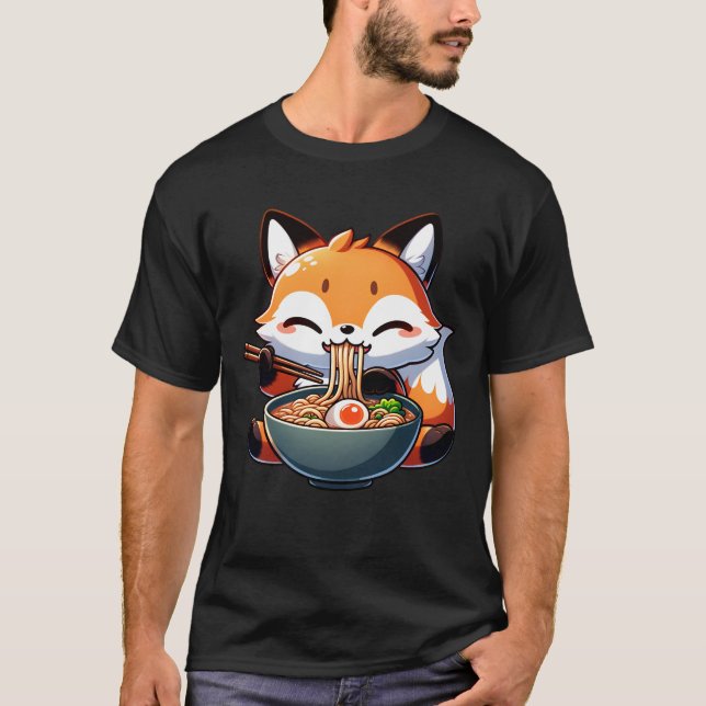 Kawaii Fox Eating Ramen Noodle Anime Japanisch T-Shirt (Vorderseite)