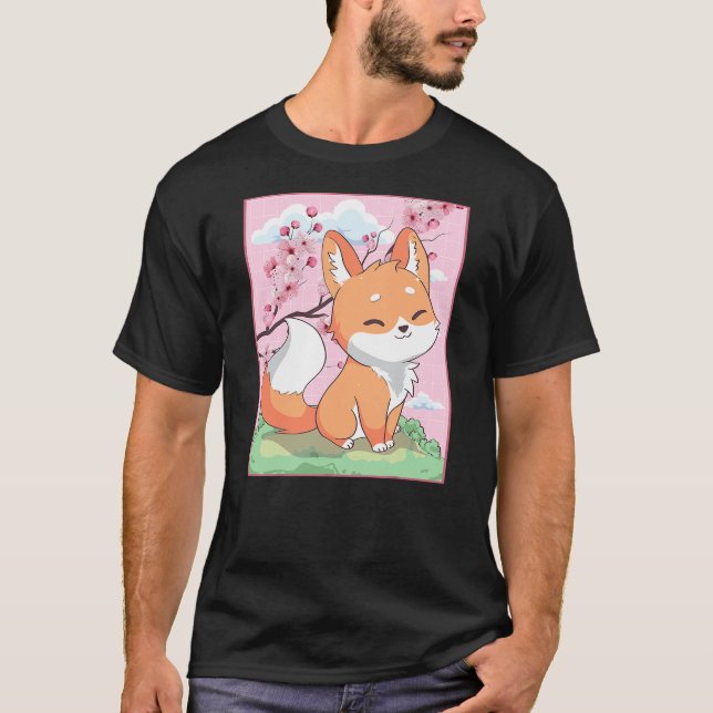 Kawaii Fox Japanese Kitsune Sakura Cherry Blossom T-Shirt (Vorderseite)