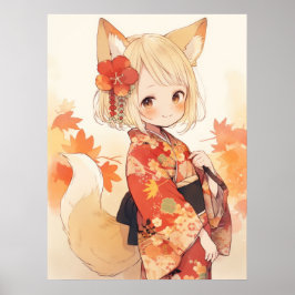Kawaii Fox mit Kimono Poster