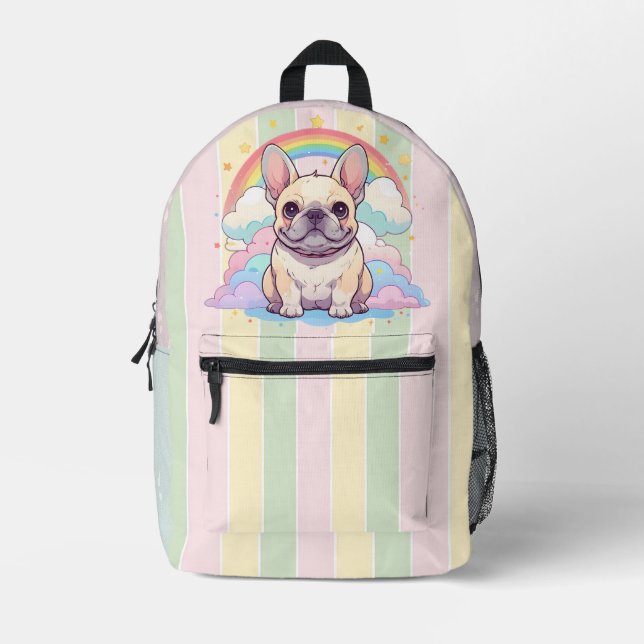 Kawaii French Bulldog Rainbow Sky Clouds Bedruckter Rucksack (Vorderseite)