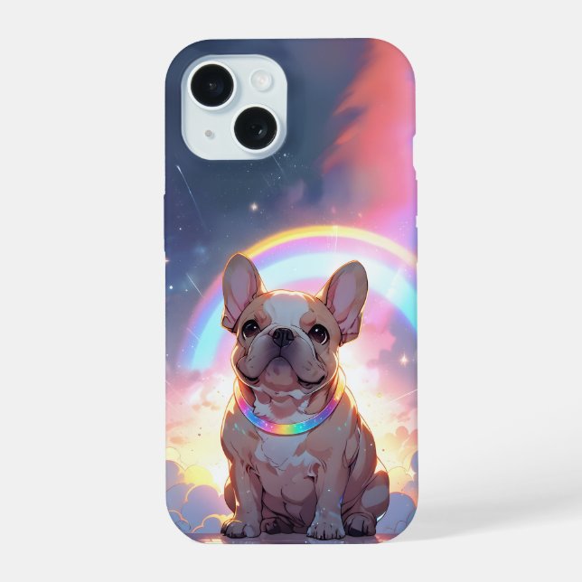 Kawaii French Bulldog Rainbow Sky Clouds iPhone 15 Hülle (Rückseite)