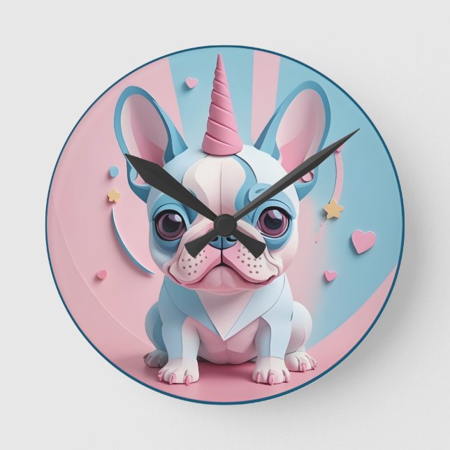 Kawaii French Bulldog Unicorn Pastel Runde Wanduhr (Vorderseite)