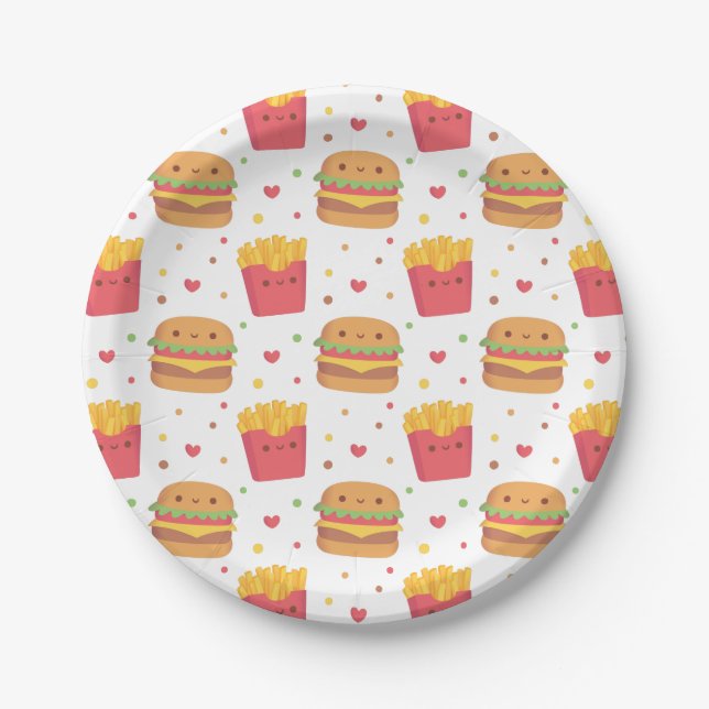 Kawaii Fries and Burger Pattern Pappteller (Vorderseite)