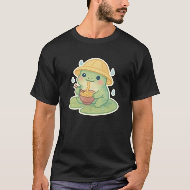 Kawaii Frog Eating Ramen auf Lily Pad - Niedliche  T-Shirt (Vorderseite)