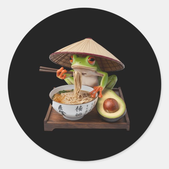 Kawaii Frog Eating Ramen Japanisch Noodles Runder Aufkleber (Vorderseite)
