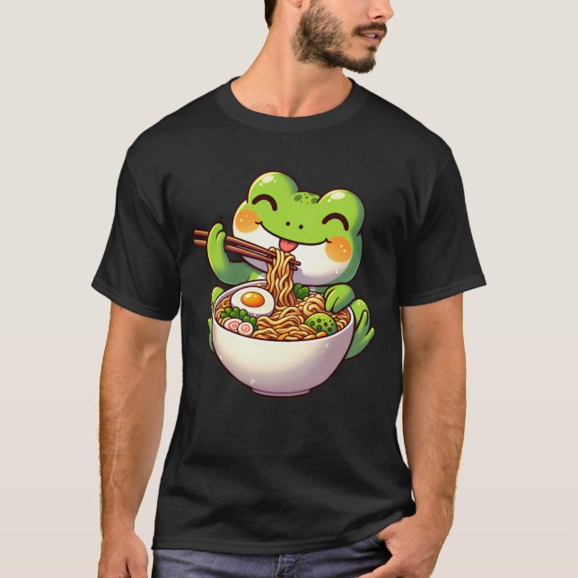 Kawaii Frog Eating Ramen Noodle Anime Japanisch T-Shirt (Vorderseite)
