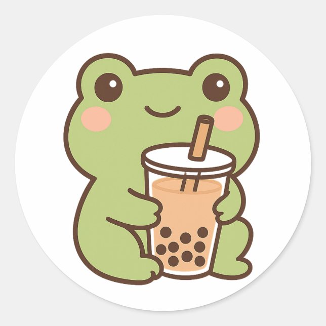 Kawaii-Frosch-mit-Bubble-Tea-Aufkleber Runder Aufkleber (Vorderseite)