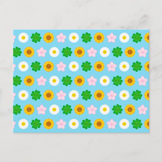 Kawaii Frühlingsblumen (blau) Postkarte (Vorderseite)
