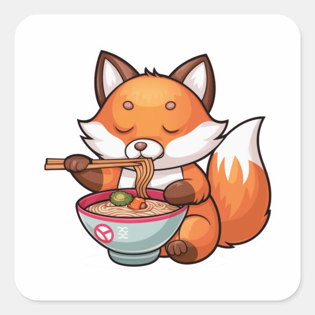 Kawaii-Fuchs frisst Ramen Quadratischer Aufkleber (Vorderseite)