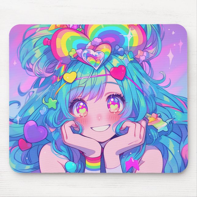 Kawaii Fun Rainbow Anime Girl Mousepad (Vorne)