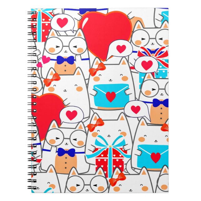 Kawaii Funny Cats Nahtlose Liebe Muster Notizblock (Vorderseite)