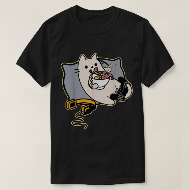 Kawaii Gamer Cat Eating Ramen T-Shirt (Design vorne)