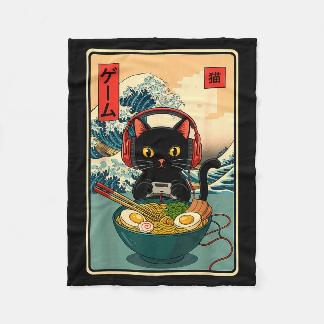 Kawaii Gamer Cat Ramen Retro Japanese Funny Cat Ga Fleecedecke (Vorderseite)