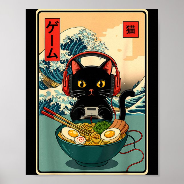 Kawaii Gamer Cat Ramen Retro Japanese Funny Cat Ga Poster (Vorne)