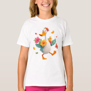 Kawaii Gans Tanzend – Süße Ente mit Blumen für Kin T-Shirt