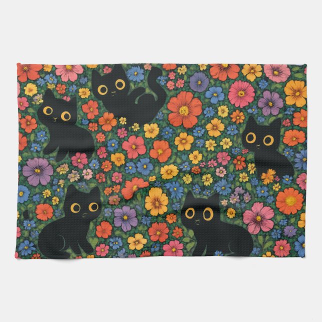 Kawaii Garden Art | Cute Black Cat Floral Pattern Geschirrtuch (Horizontal)