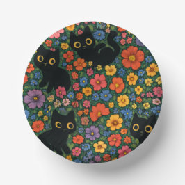 Kawaii Garden Art – Cute Black Cat Floral Pattern Pappteller