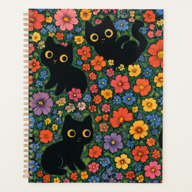 Kawaii Garden Art | Cute Black Cat Floral Pattern Planer (Vorderseite)