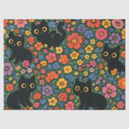 Kawaii Garden Art – Cute Black Cat Floral Pattern Seidenpapier